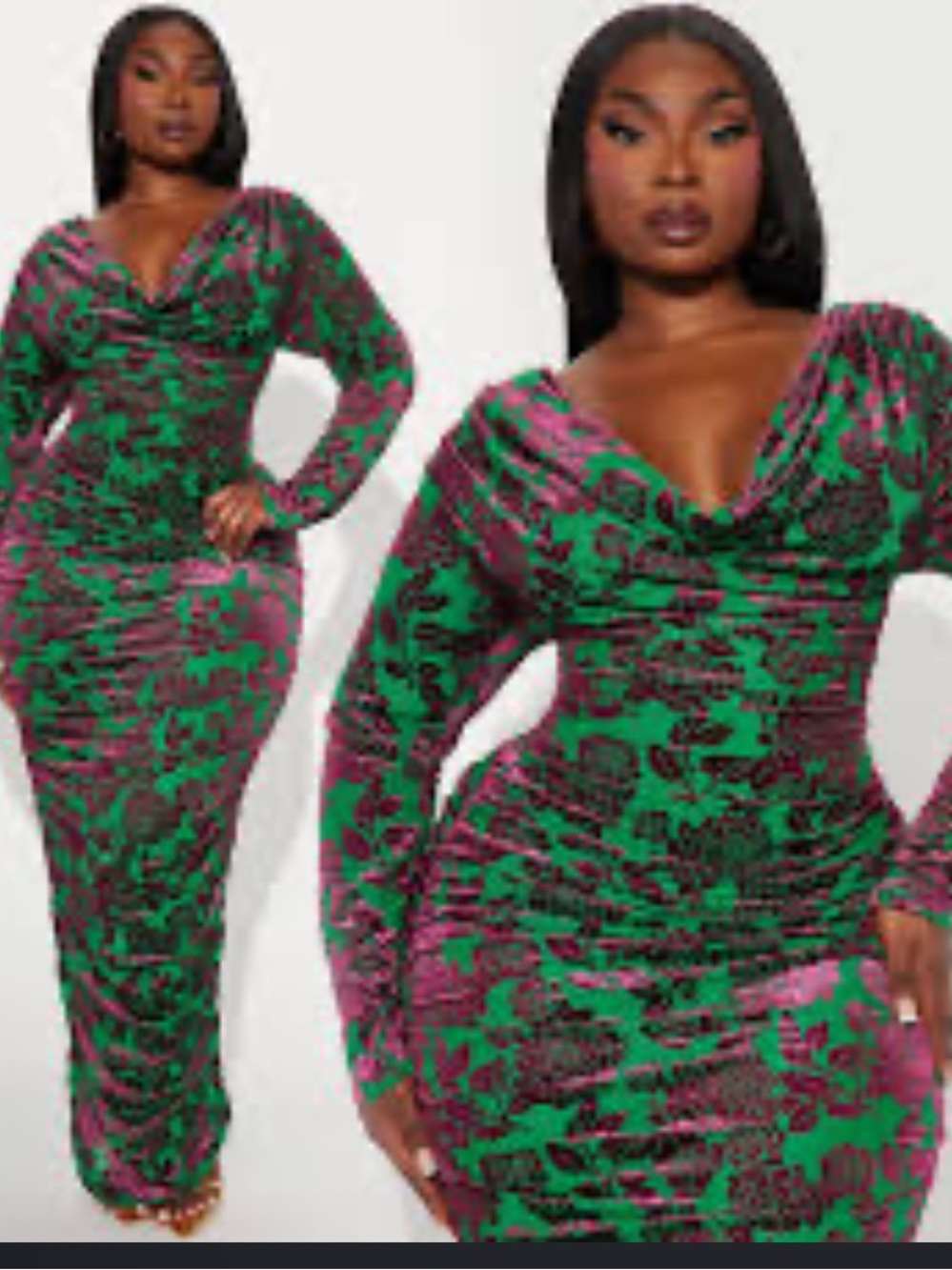 Fashion Nova Green & Pink Floral Ruched Mesh Maxi Dress - Picture 3 of 5